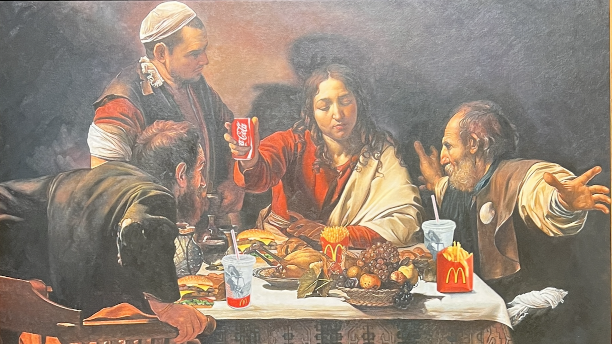 g4-hero-12-mason-storm-02 Mason Storm artwork after Caravaggio’s Supper at Emmaus, with Coca-Cola and McDonald’s elements.