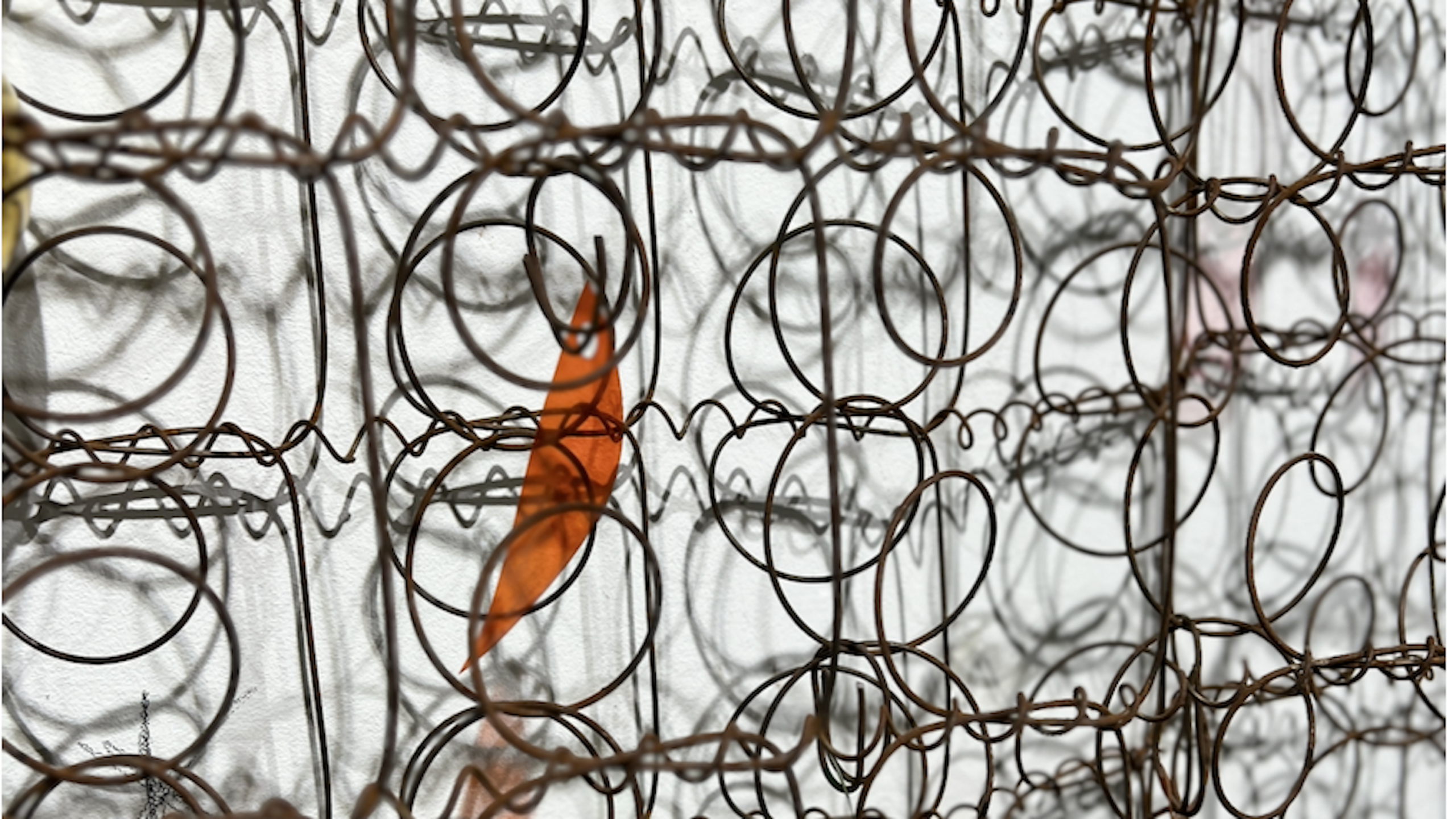 g4-hero-29-rudi-benetik-01 Rudi Benétik wire sculpture with rust-brown steel spirals and an orange leaf-like form against a white wall.